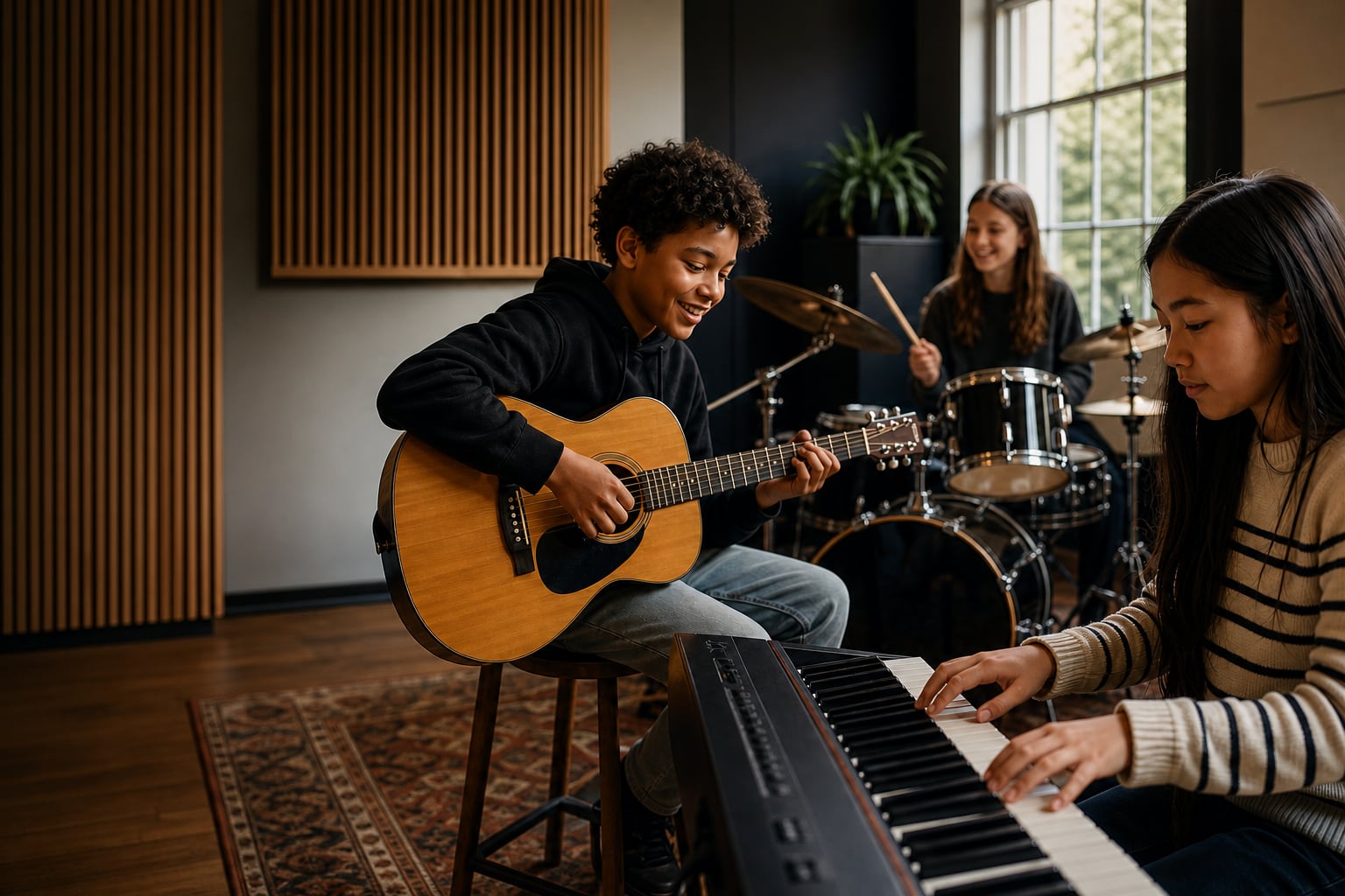 Children playing guitar, keyboard and drums together in a music studio